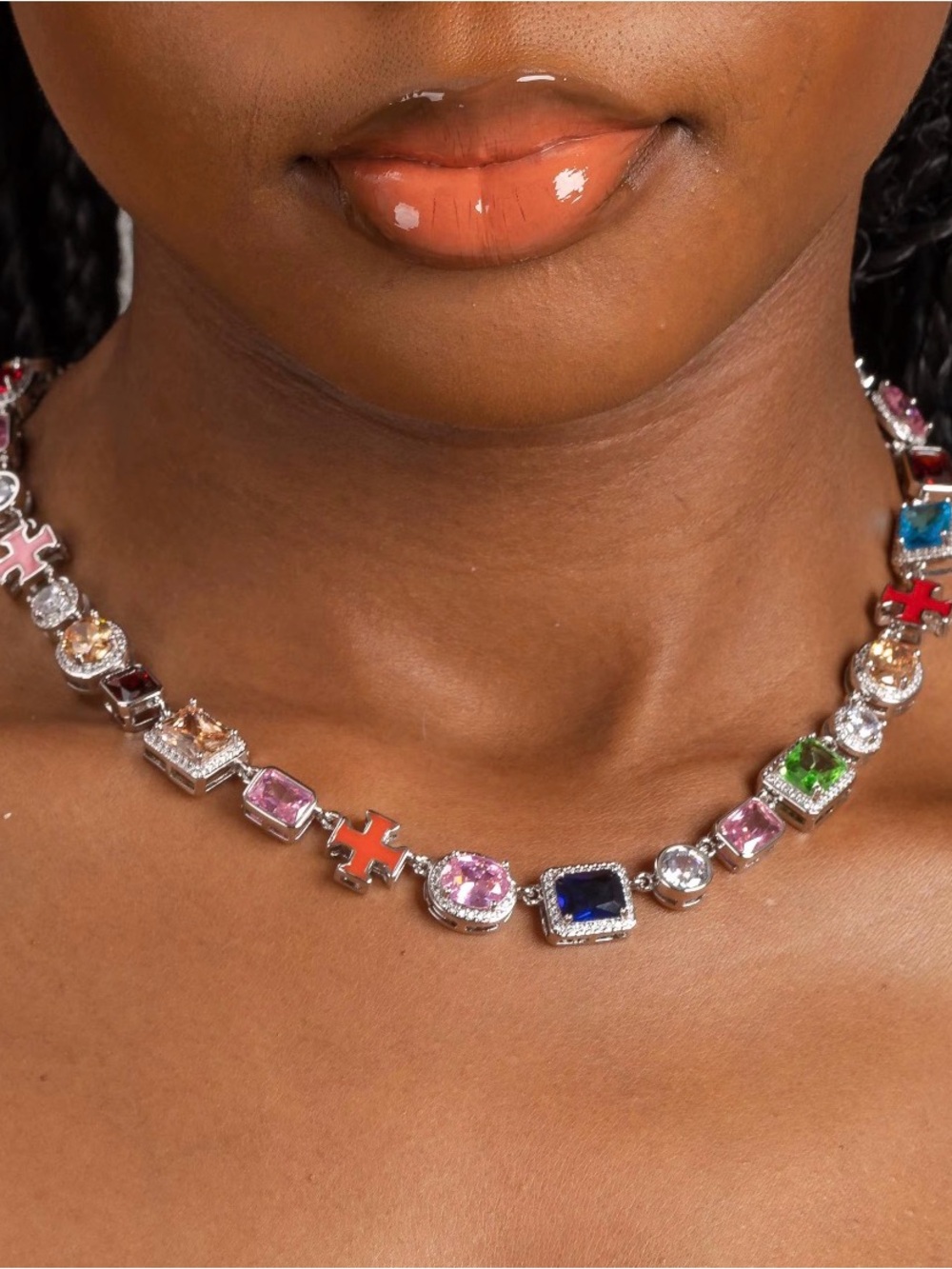 Multicolor Crystal Link Necklace 16inch - Silver Tone - Picture 2 of 2